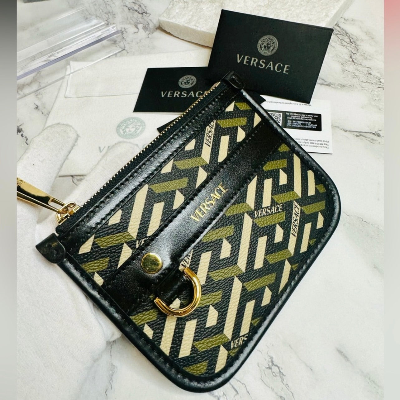 New Versace Khaki/Tan/Black La Greca & Black Leather Signature Modular Pouch
