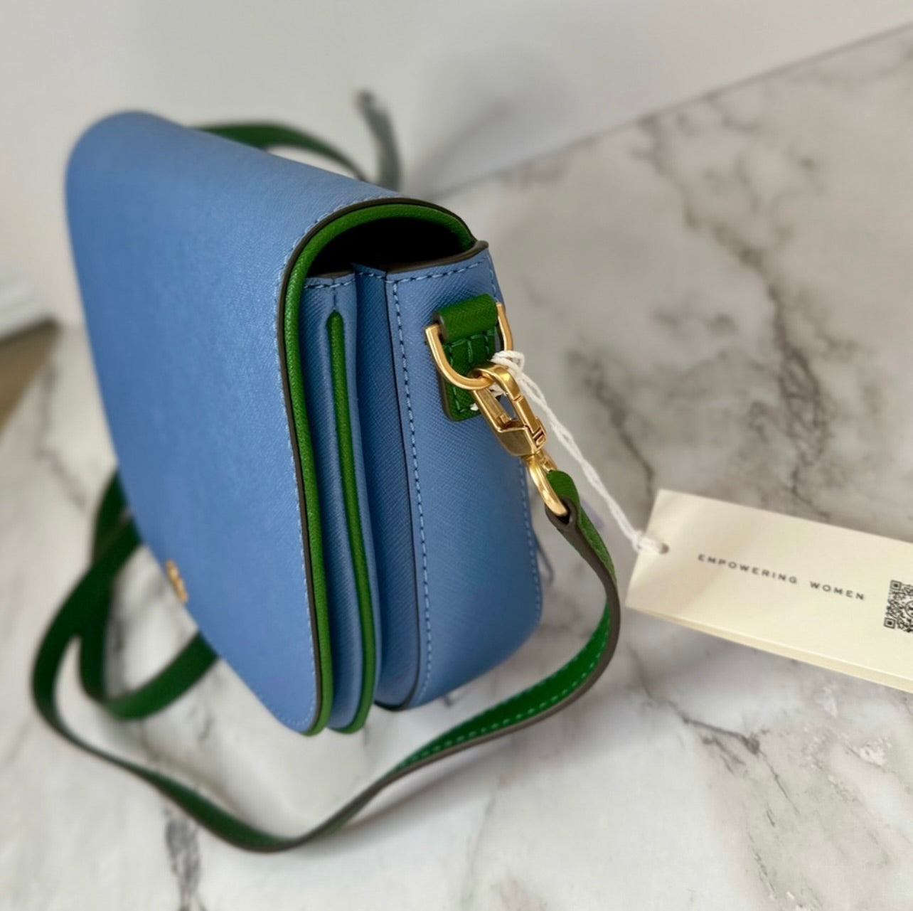 New Tory Burch Bluewood & Arugula Saffiano Leather Emerson Color Block Crossbody Bag