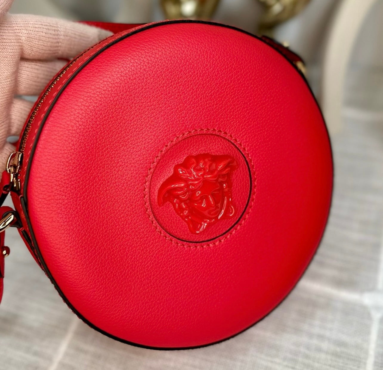 New Versace La Medusa Lipstick Red Leather Disco Round Crossbody Bag