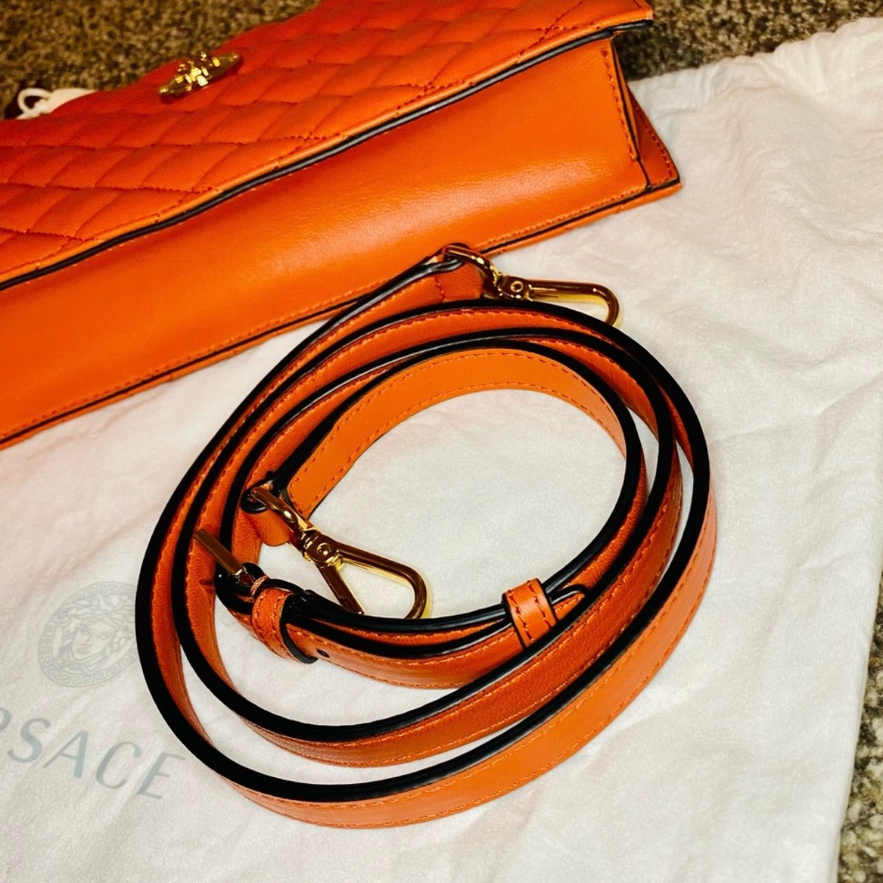 New Versace Quilted Dark Orange Lambskin Leather Small Crossbody Pouch