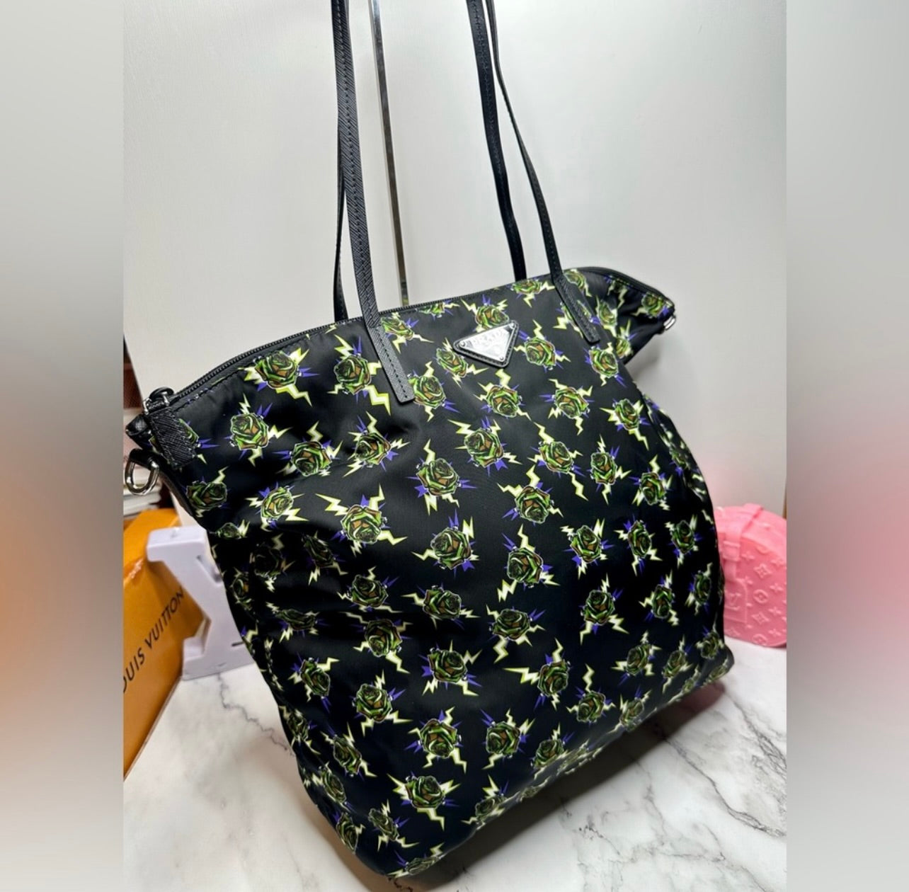New Limited Edition Prada x Frankenstein Rose Print Nylon Convertible Shopper Tote Bag