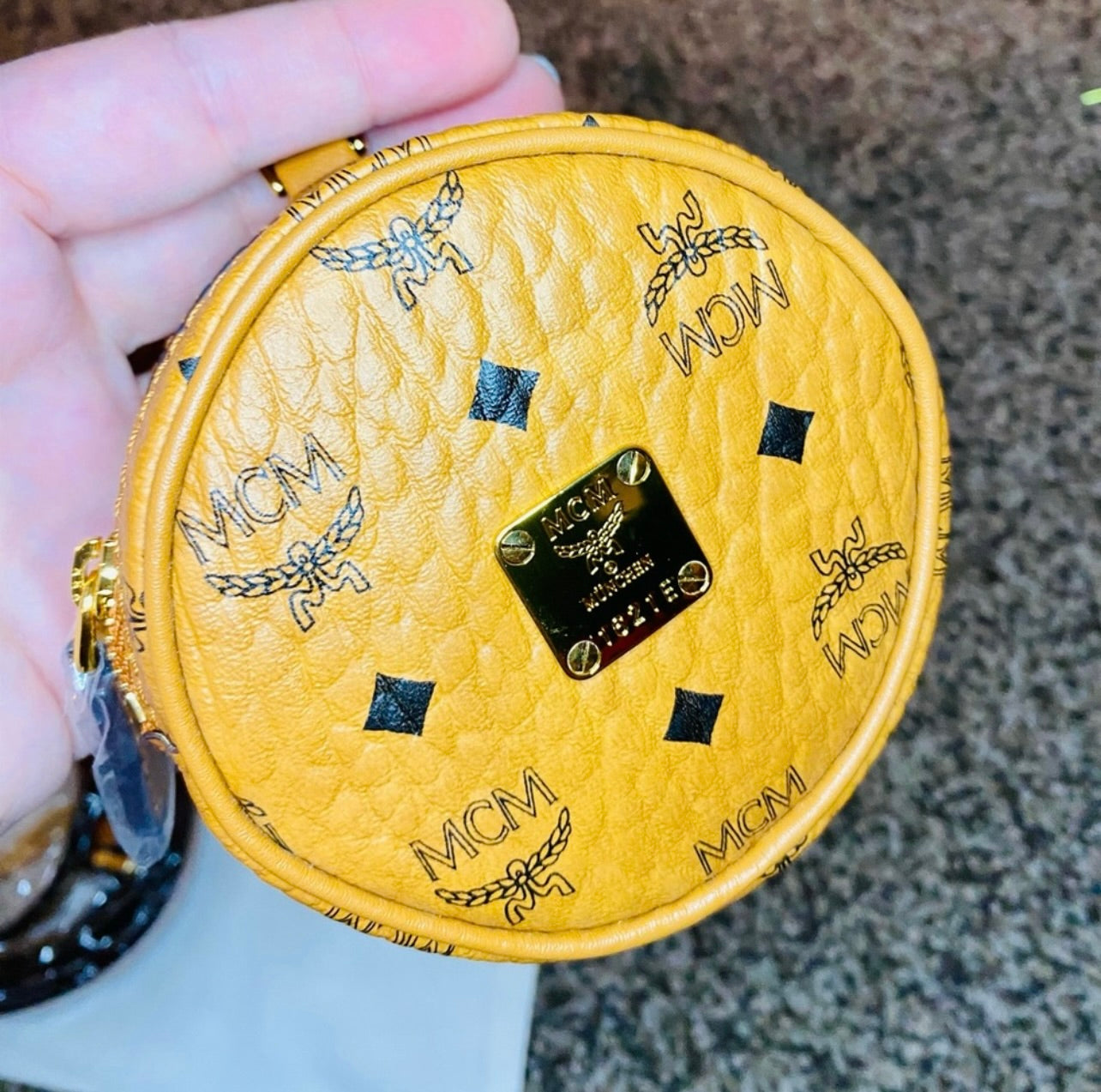New MCM Cognac Round Tambour AirPod Case/Coin Purse/Key Bag Charm