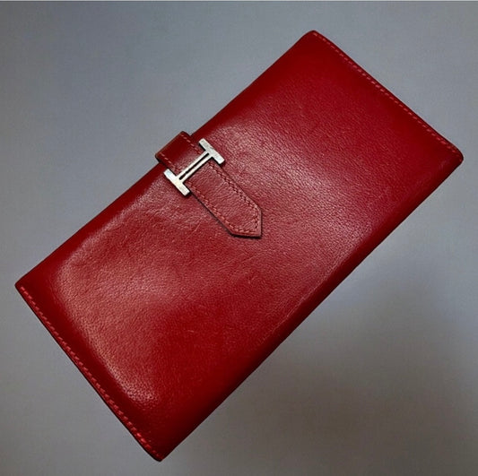 Hermés Dark Red Rouge Leather Bearn Verso Gusset Wallet