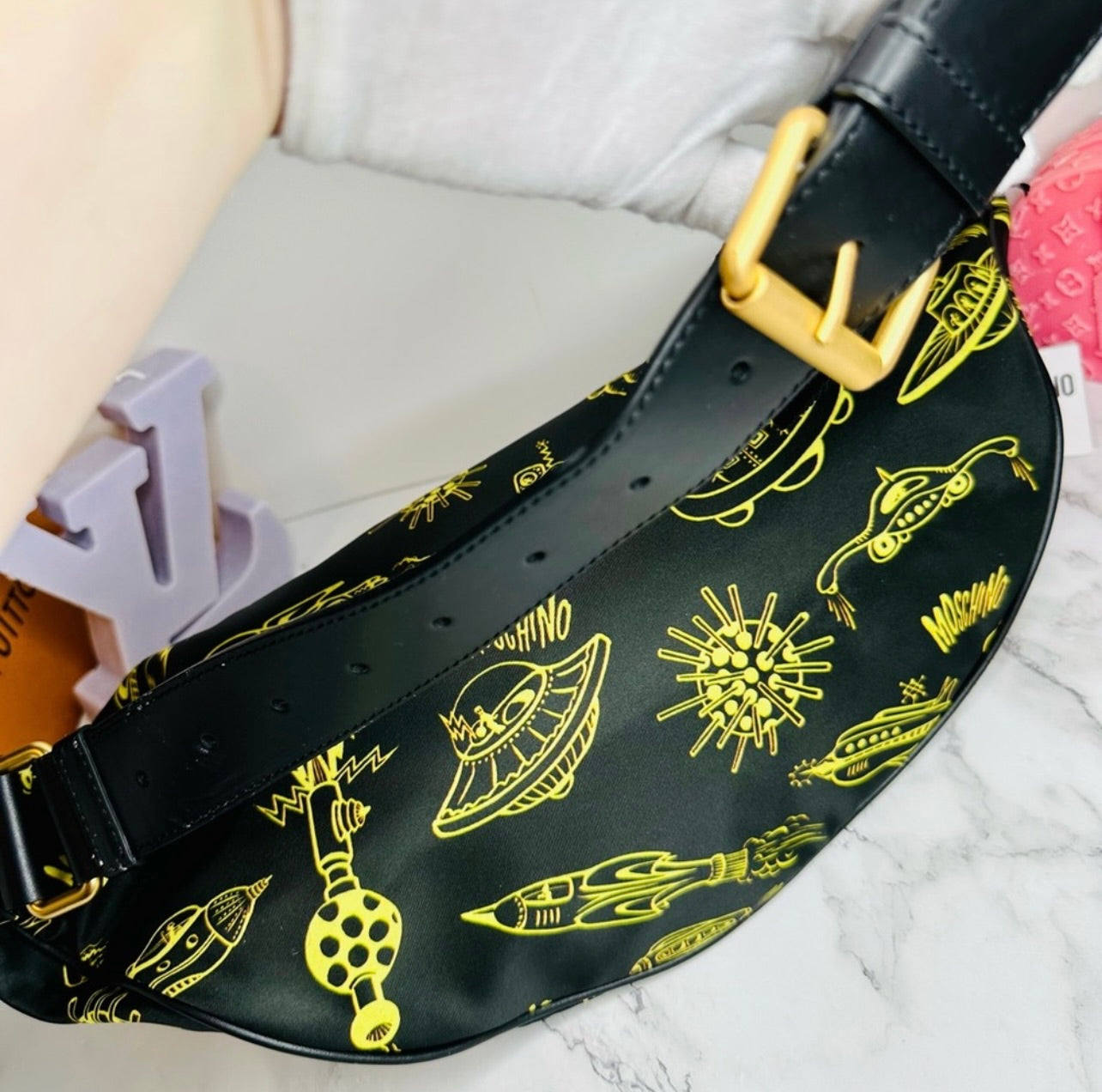NEW! Moschino Black Nylon w/ Yellow Spaceship Print Oversized Belt Bag