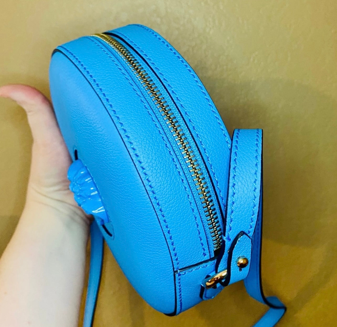 New Versace La Medusa Blue/Cerulean Leather Disco Round Crossbody Bag