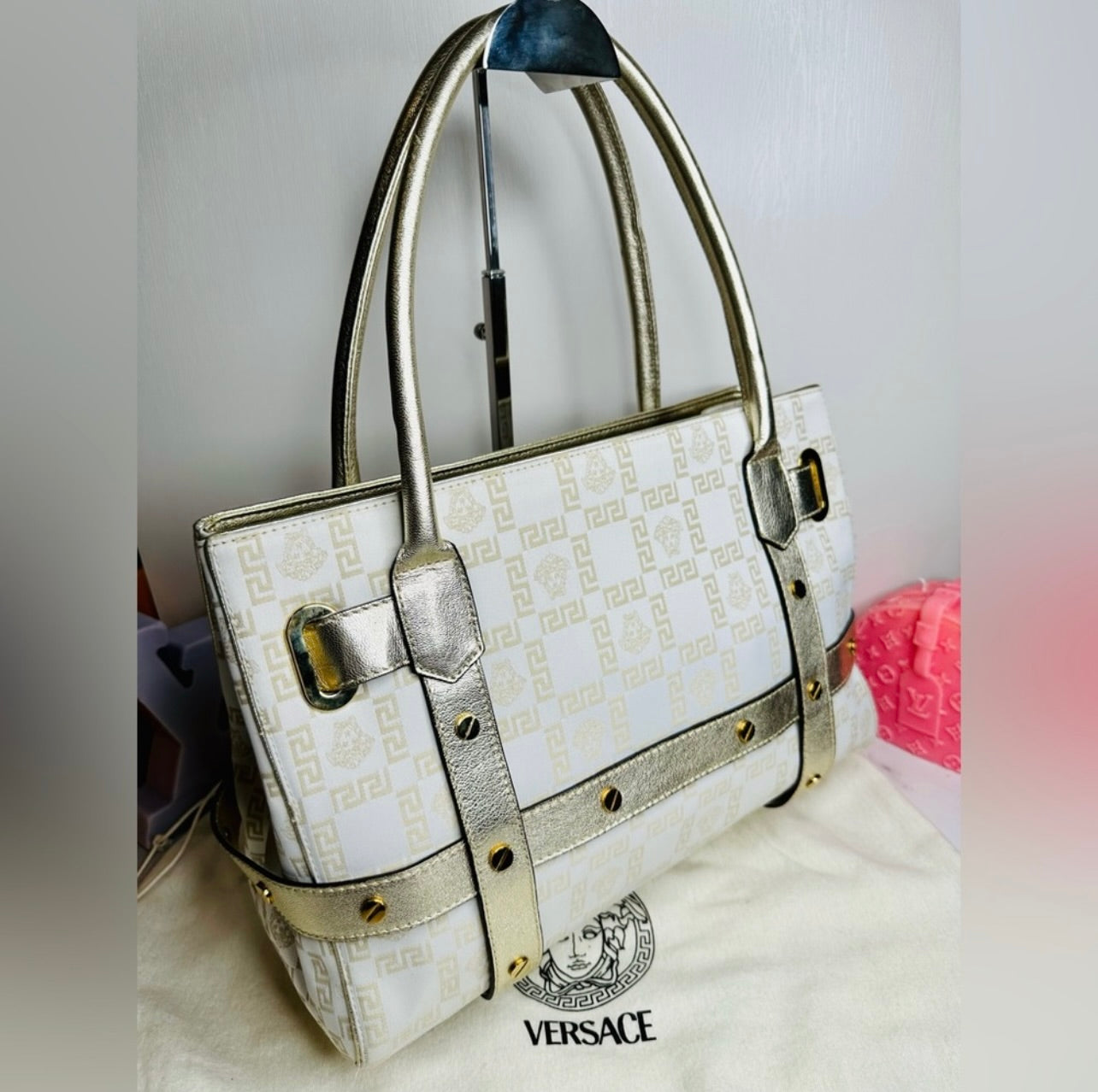 EUC VERSACE Medusa Gold & Cream Logo Print Canvas & Leather Shoulder Bag