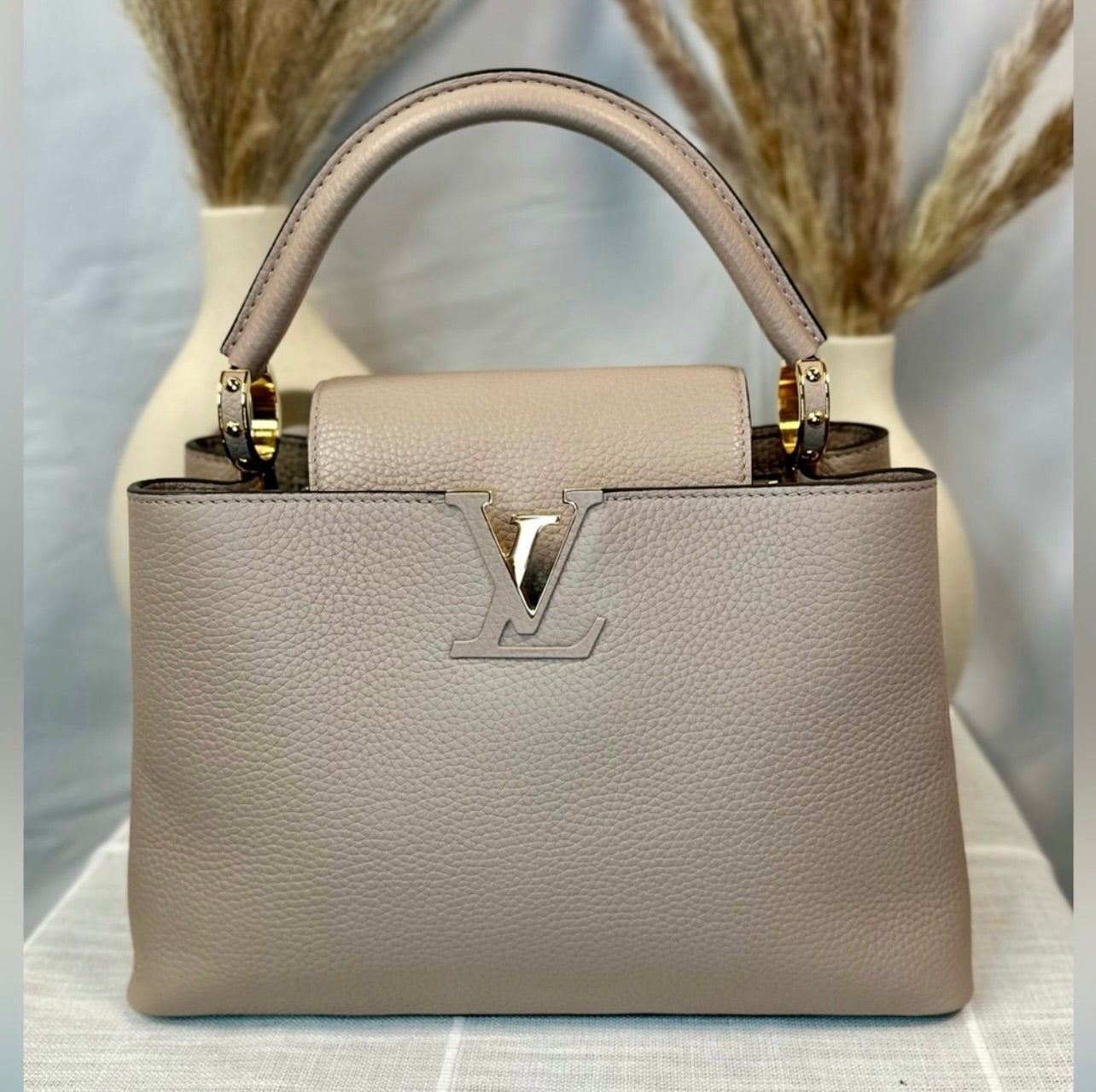 Louis Vuitton Galet Gray Taurillon Leather Capucines MM Bag