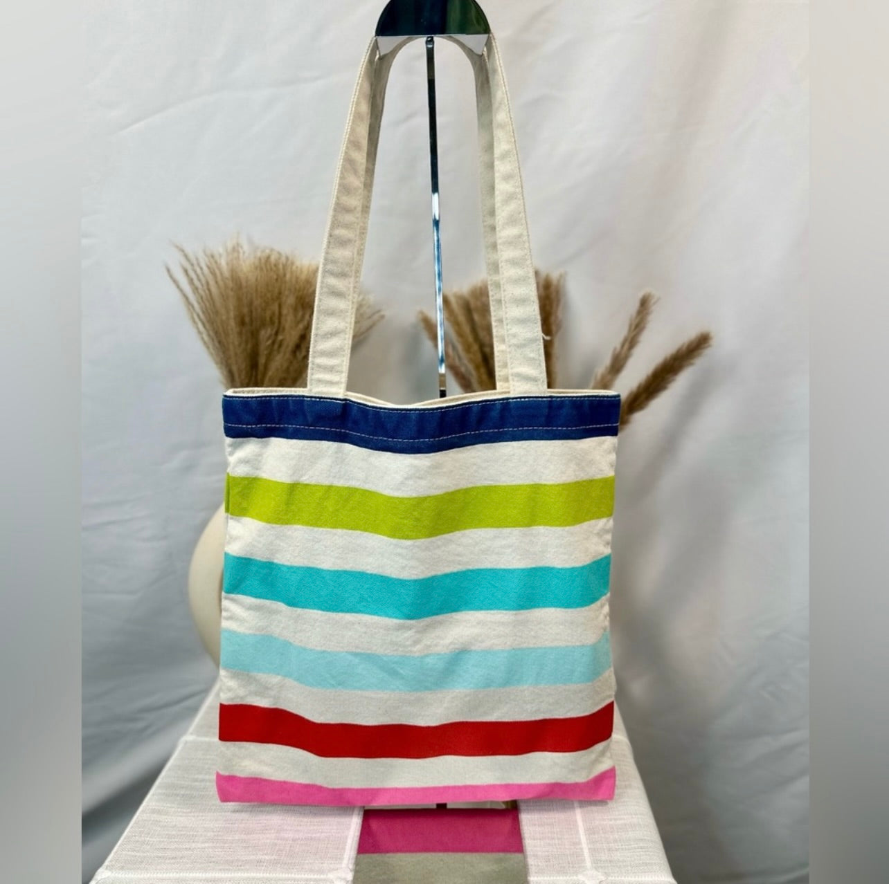 Kate Spade Heavy-duty Multi-Colored Stripes Cream Canvas Book Tote Bag