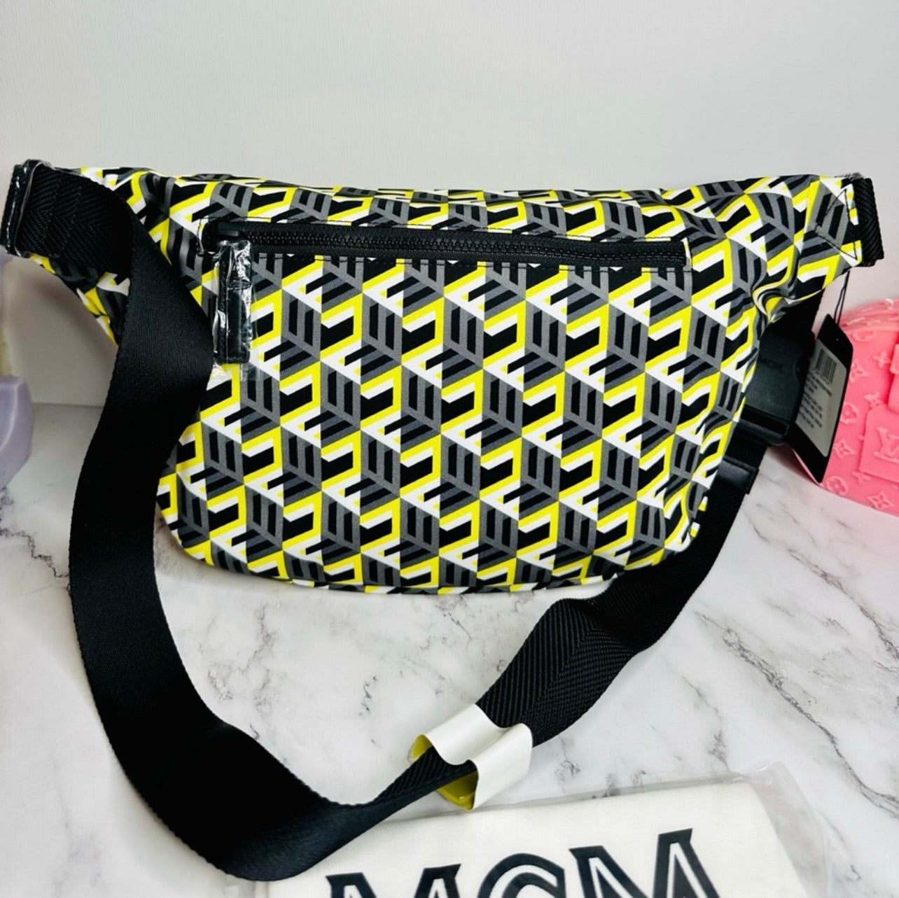 New Unisex MCM Large Black & Yellow Cubic Logo Nylon Belt Bag