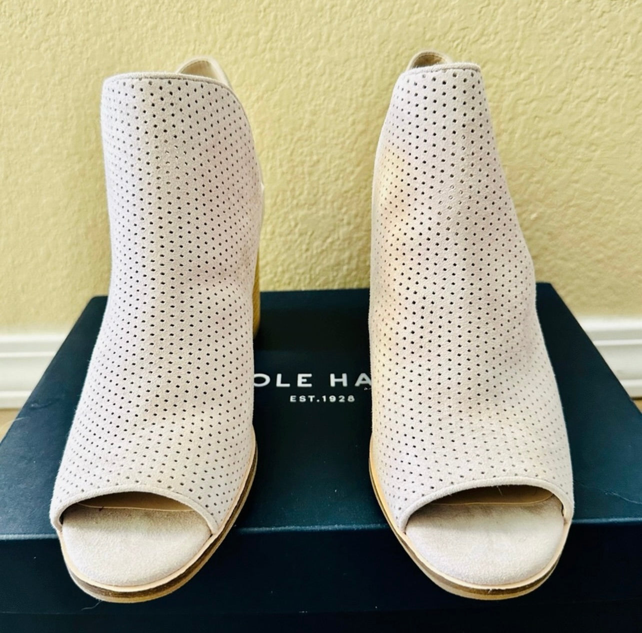 New Cole Haan Suede Shiloh Open Toe Booties