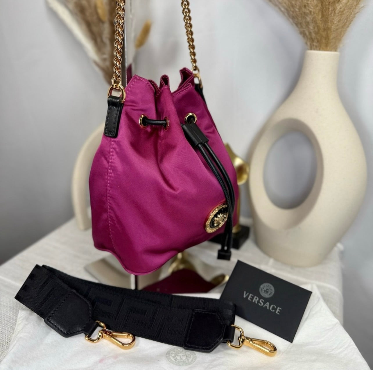 New Versace Deep Fuschia Nylon and Black Leather Drawstring Bucket Bag