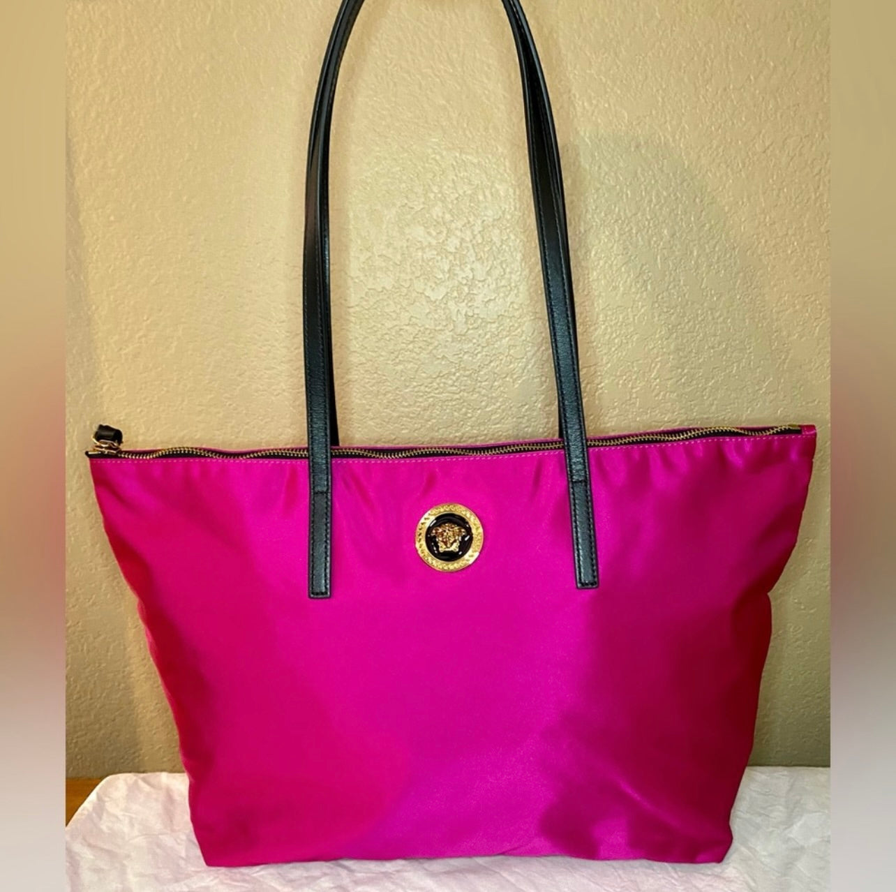 New VERSACE Flamingo Pink Nylon Medusa Tote Bag