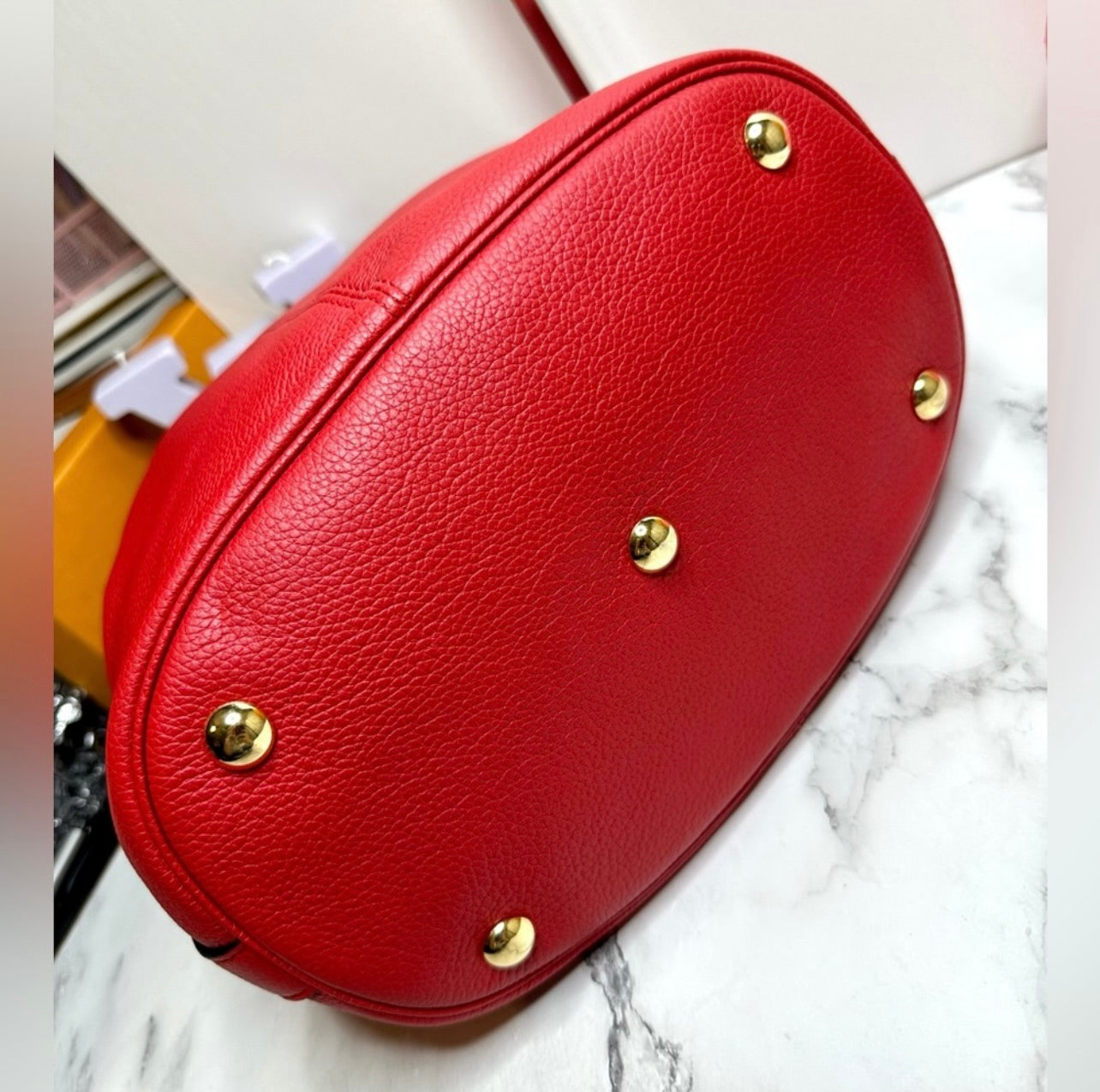 New Alexander McQueen Secchiello Red Pebbled Leather Skull Padlock Bucket Bag
