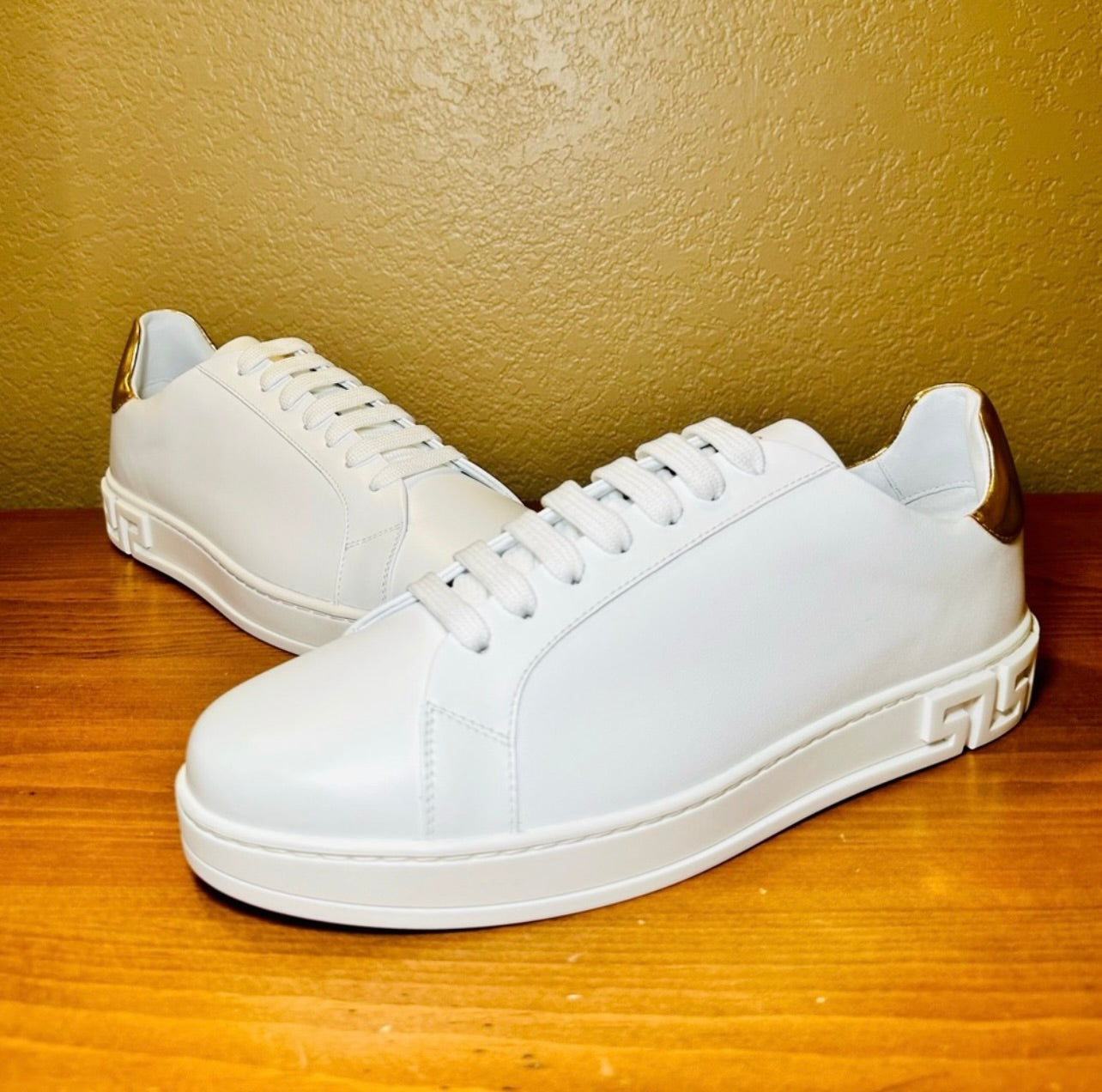 New Unisex Versace Gold & White Leather Athletic Sneakers