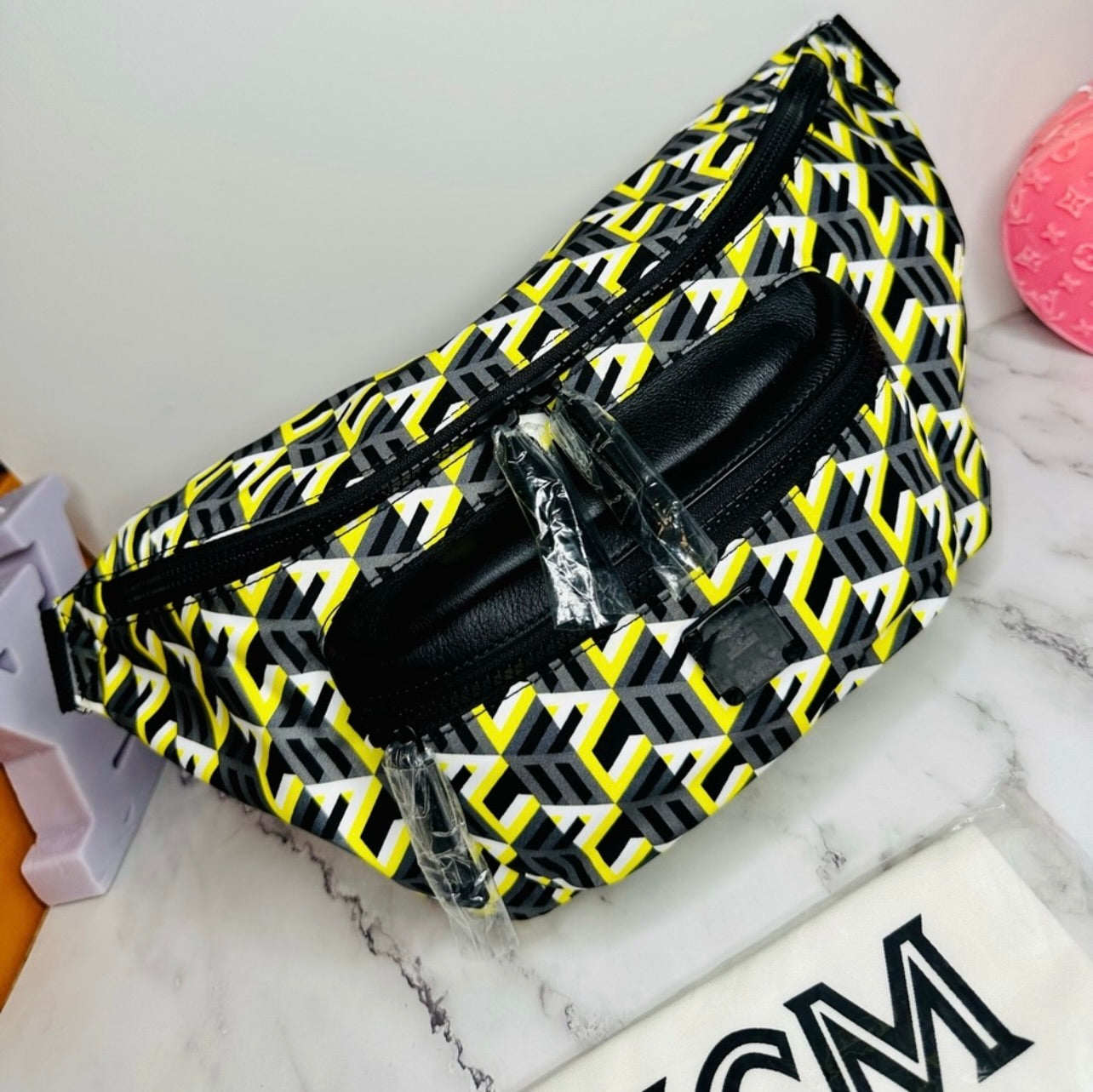 New Unisex MCM Large Black & Yellow Cubic Logo Nylon Belt Bag