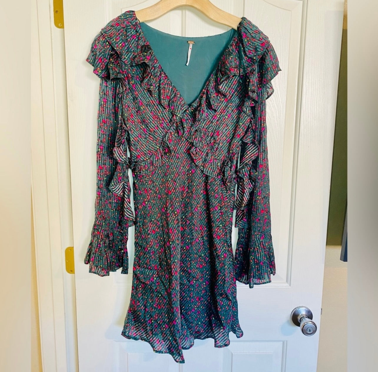 FREE PEOPLE Green Floral Print Sweetest Thing Ruffled Mini Dress
