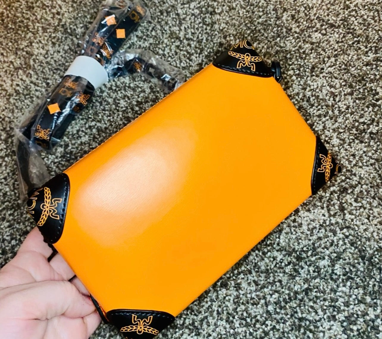 New MCM Persimmon Orange & Black Leather Berlin Soft Box Crossbody Bag
