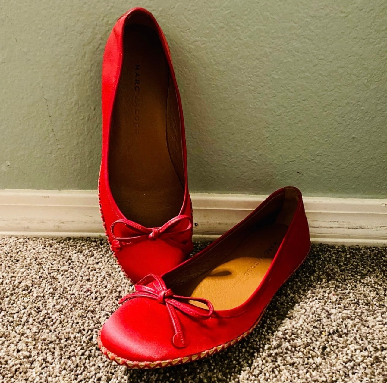 Marc Jacobs Vintage Satin & Leather Red Ballet Flats w/ Bow Accent