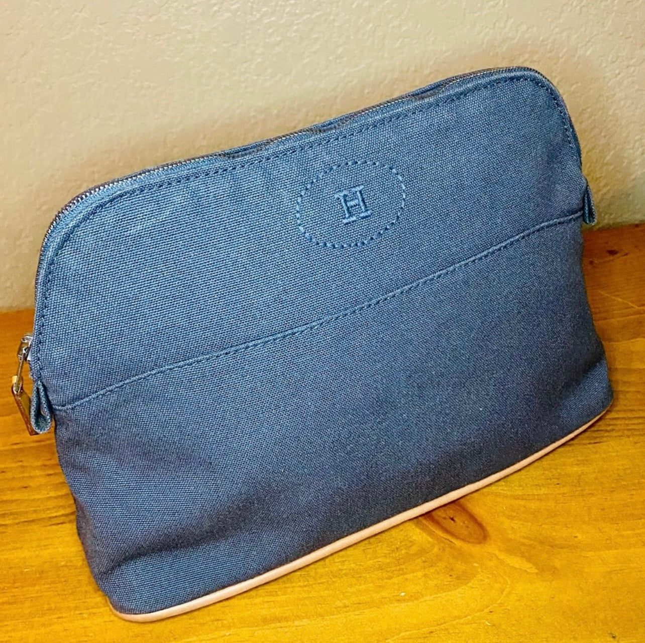 Vintage HERMES Gray Blue Canvas & Leather Bolide Cosmetic Pouch Purse MM