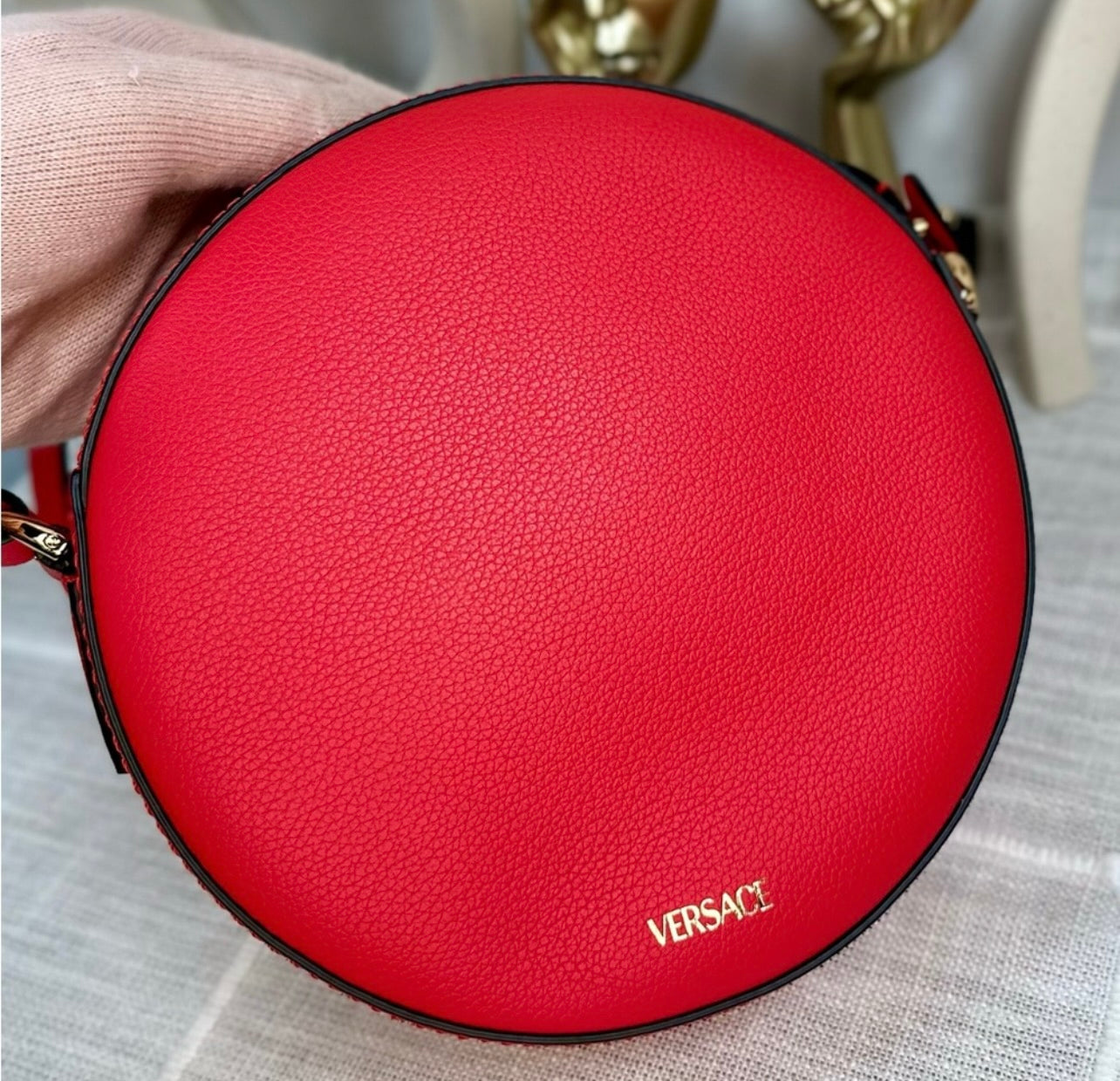 New Versace La Medusa Lipstick Red Leather Disco Round Crossbody Bag