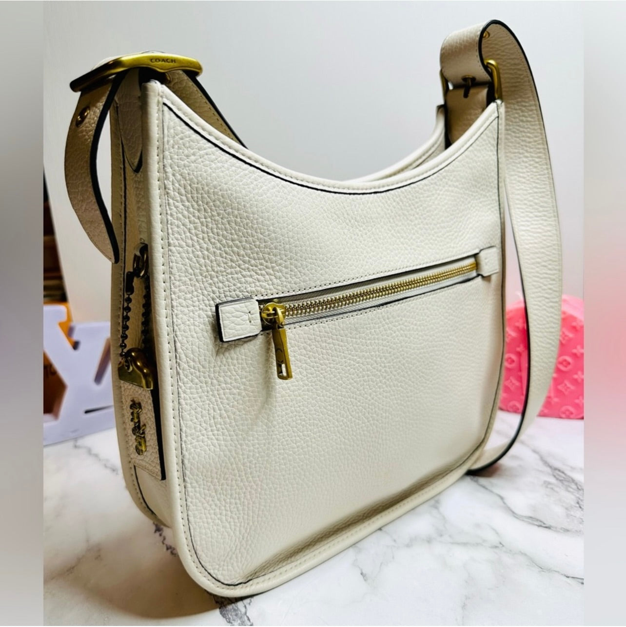 Coach Chalk Glovetanned Pebble Leather Emery Varsity Strip Crossbody Bag