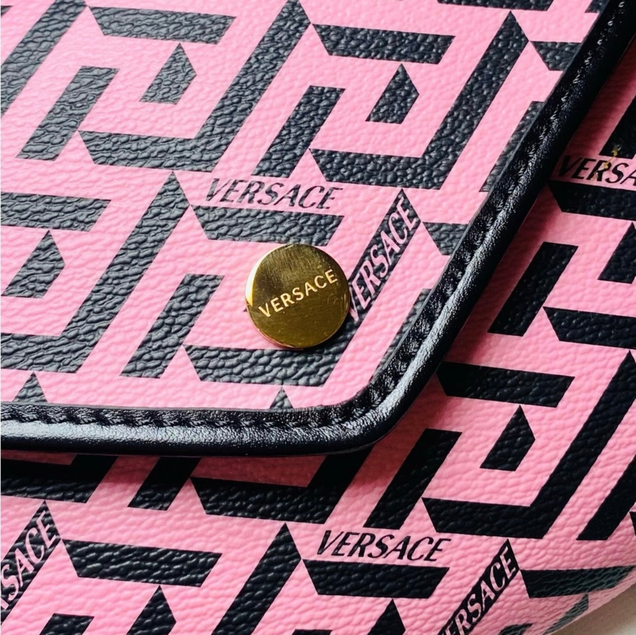 New Versace Pink La Greca Signature Coated Canvas Chain Crossbody Bag