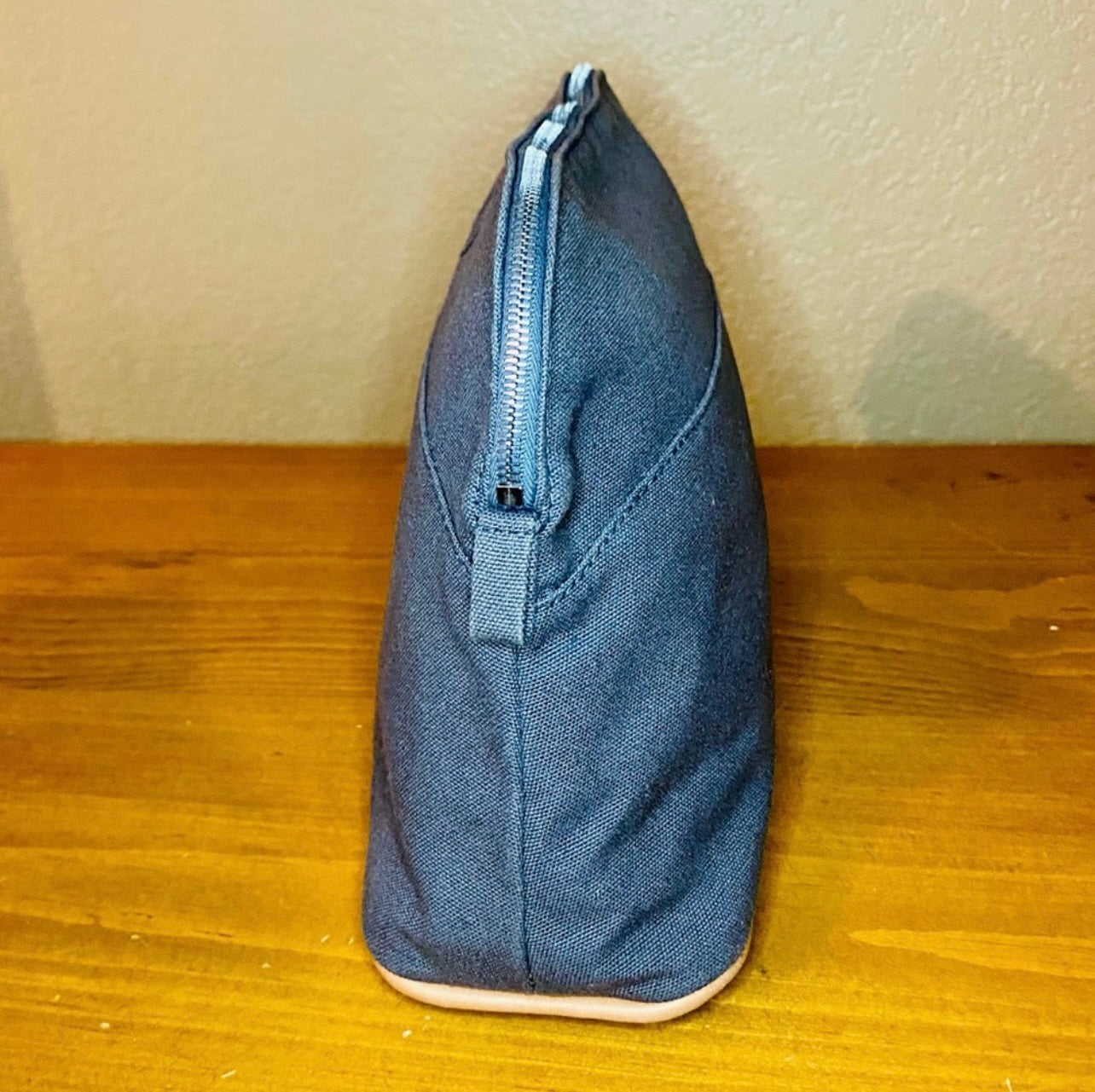 Vintage HERMES Gray Blue Canvas & Leather Bolide Cosmetic Pouch Purse MM