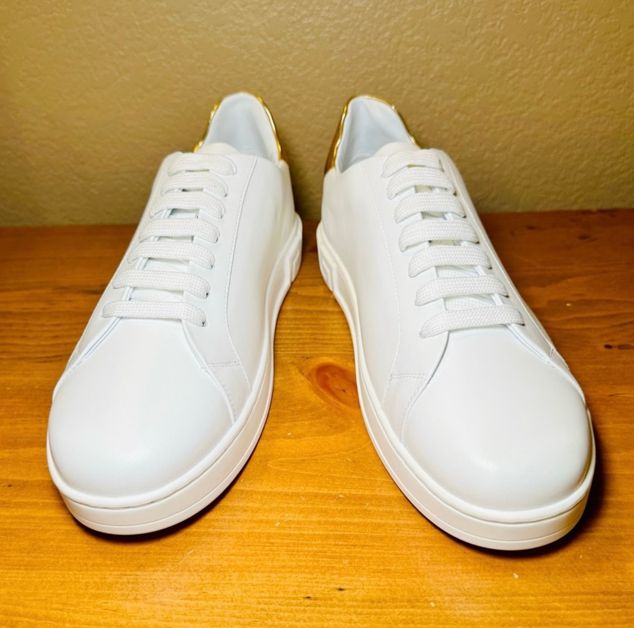 New Unisex Versace Gold & White Leather Athletic Sneakers