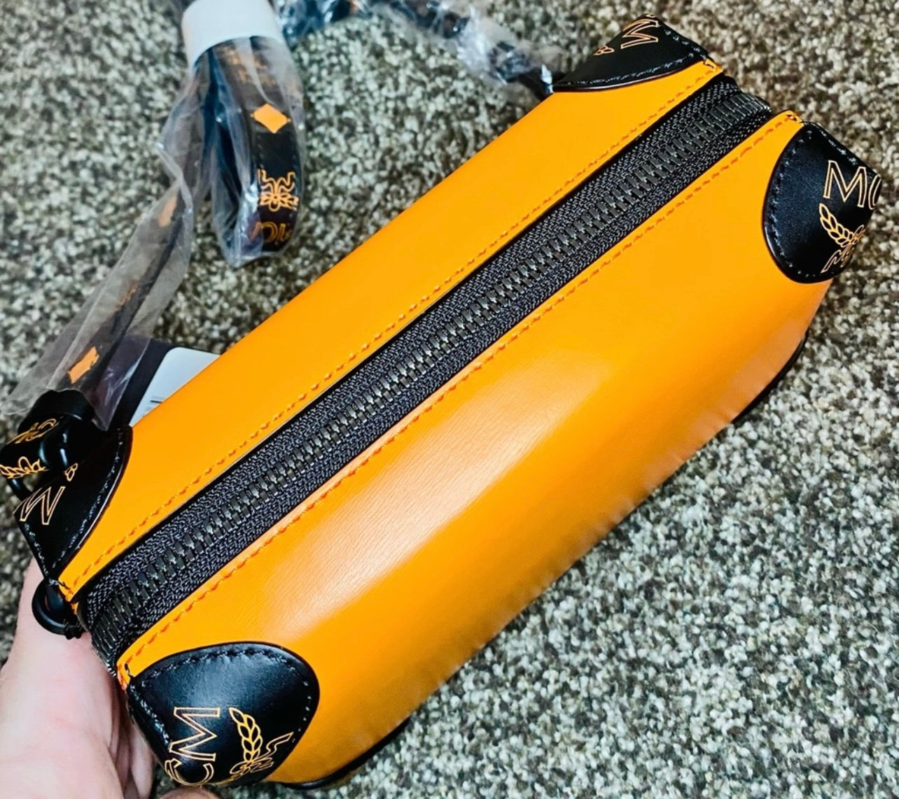New MCM Persimmon Orange & Black Leather Berlin Soft Box Crossbody Bag