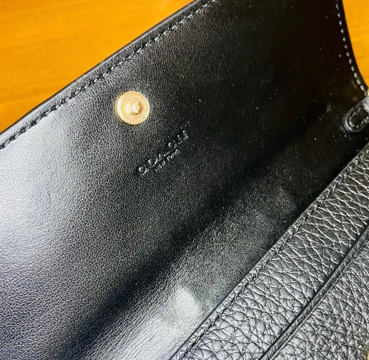 New Coach Black Pebbled Leather Foldover Wristlet Clutch w/ Gold & Silver Grommets