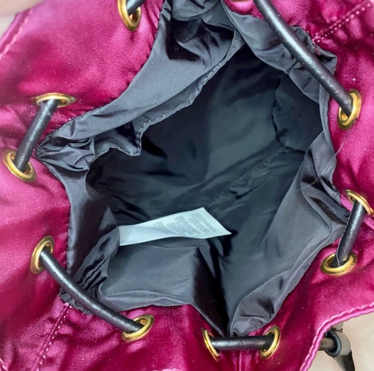 New Versace Deep Fuschia Nylon and Black Leather Drawstring Bucket Bag