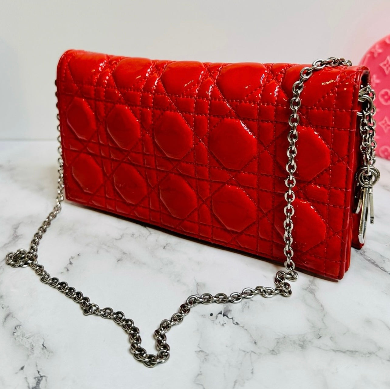 DIOR Coral Red Quilted Cannage Patent Calfskin Leather Lady Dior Chain Clutch