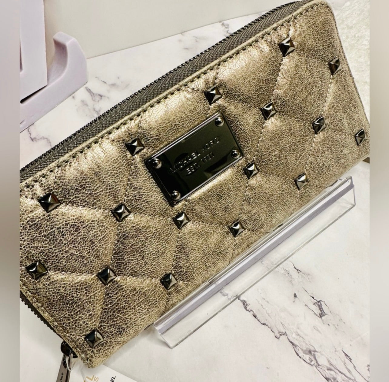 New Michael Kors Distressed Quilted Dark Gray Nickel Leather & Stud Long Wallet