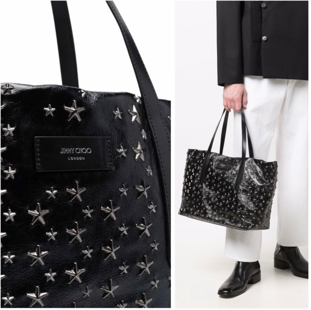 New Jimmy Choo Pimlico/s Black Vintage Leather Gunmetal Star-Stud Embellished Tote