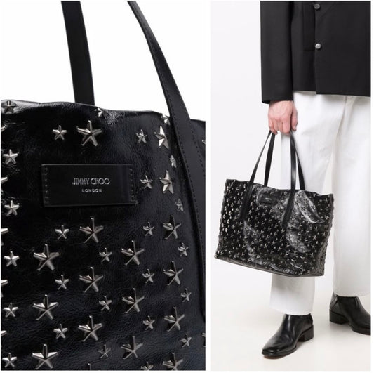 New Jimmy Choo Pimlico/s Black Vintage Leather Gunmetal Star-Stud Embellished Tote
