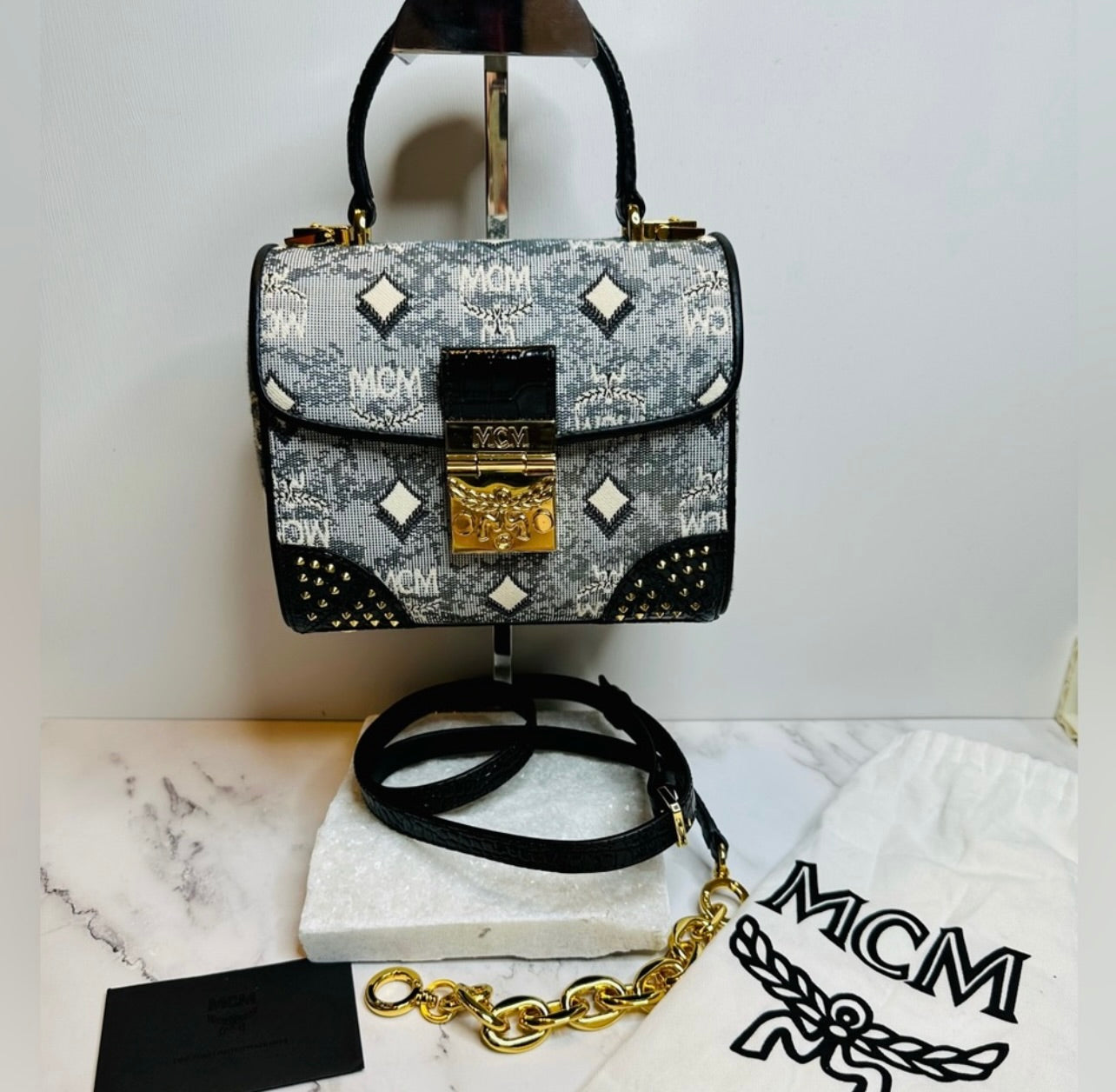 New MCM Small Gray Vintage Monogram Jacquard Studded Tracy Satchel Bag