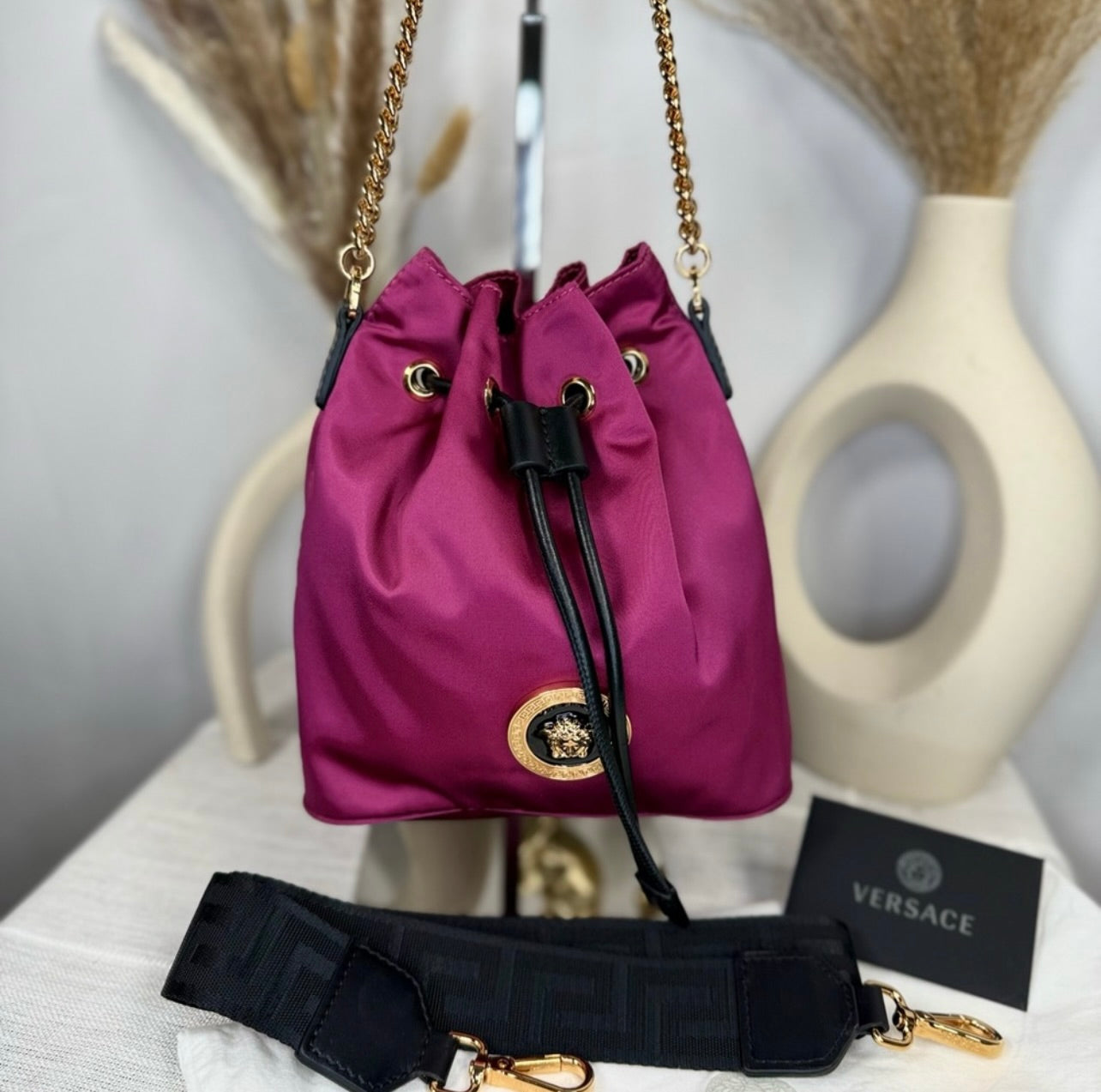 New Versace Deep Fuschia Nylon and Black Leather Drawstring Bucket Bag