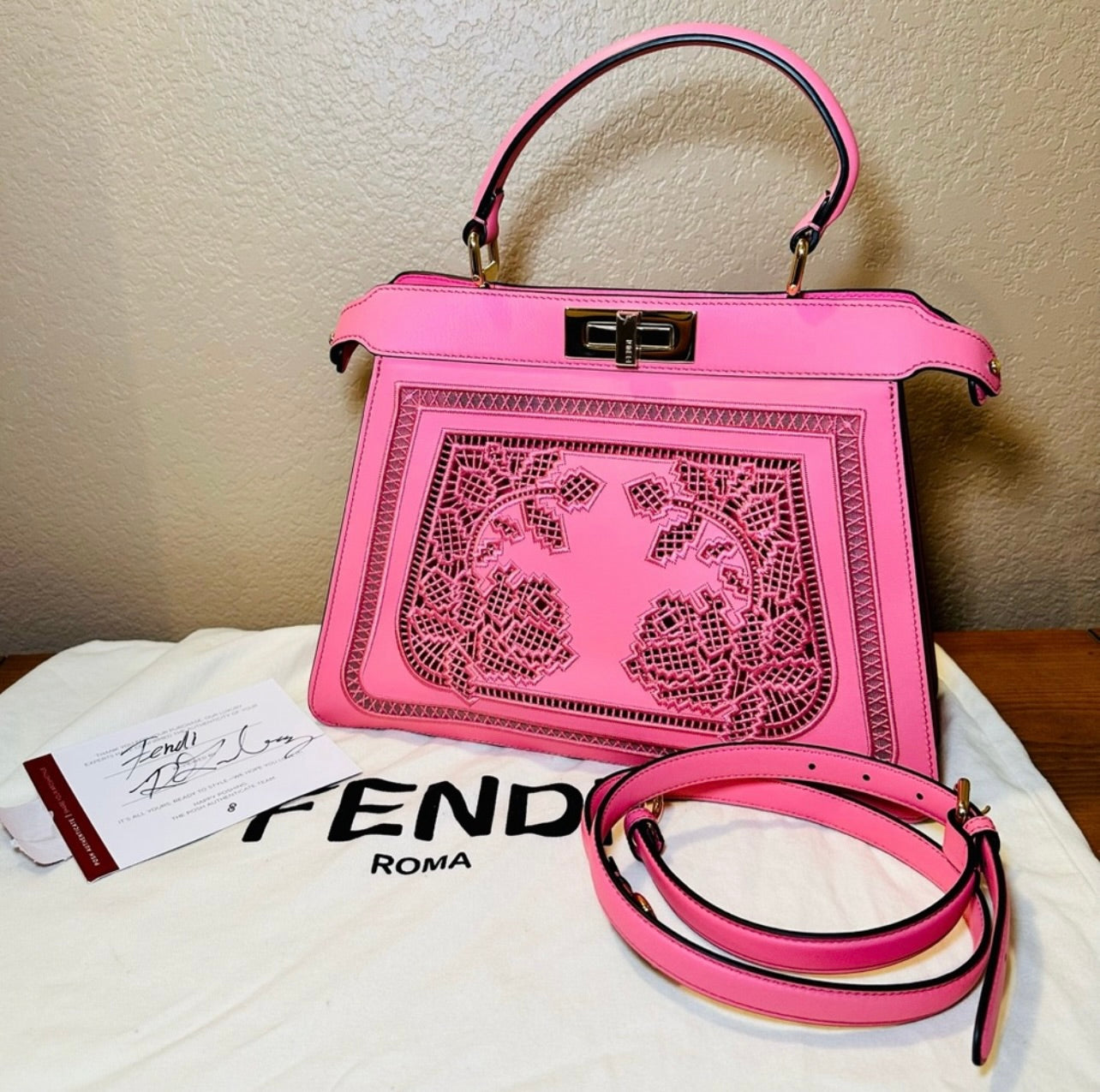 New Fendi Peekaboo ISeeU Medium Limited Edition Rose Pink Nappa Leather w/ Floral Motif