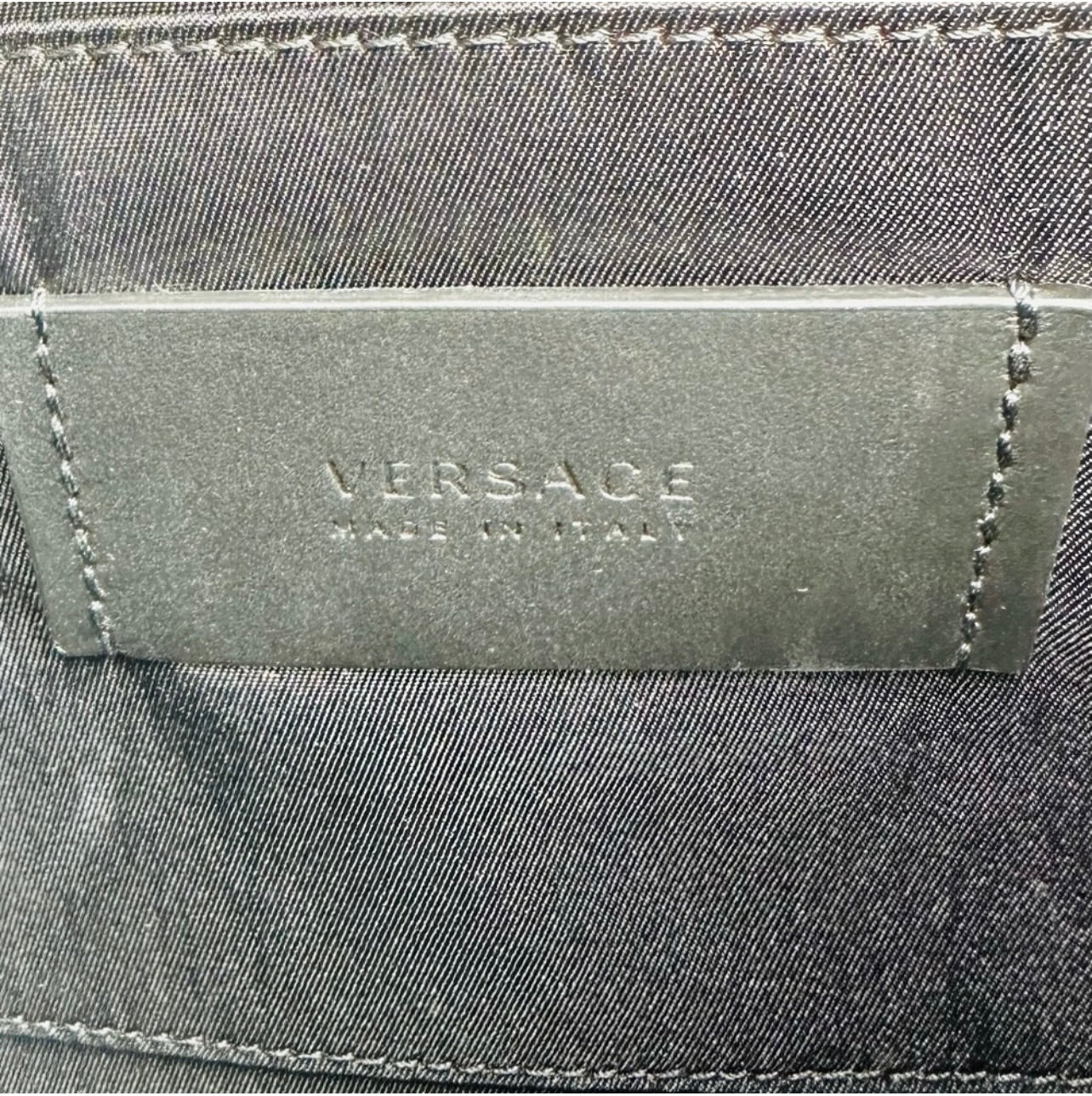 Versace Unisex Tabloid Print Saffiano Leather Wristlet Pouch Bag