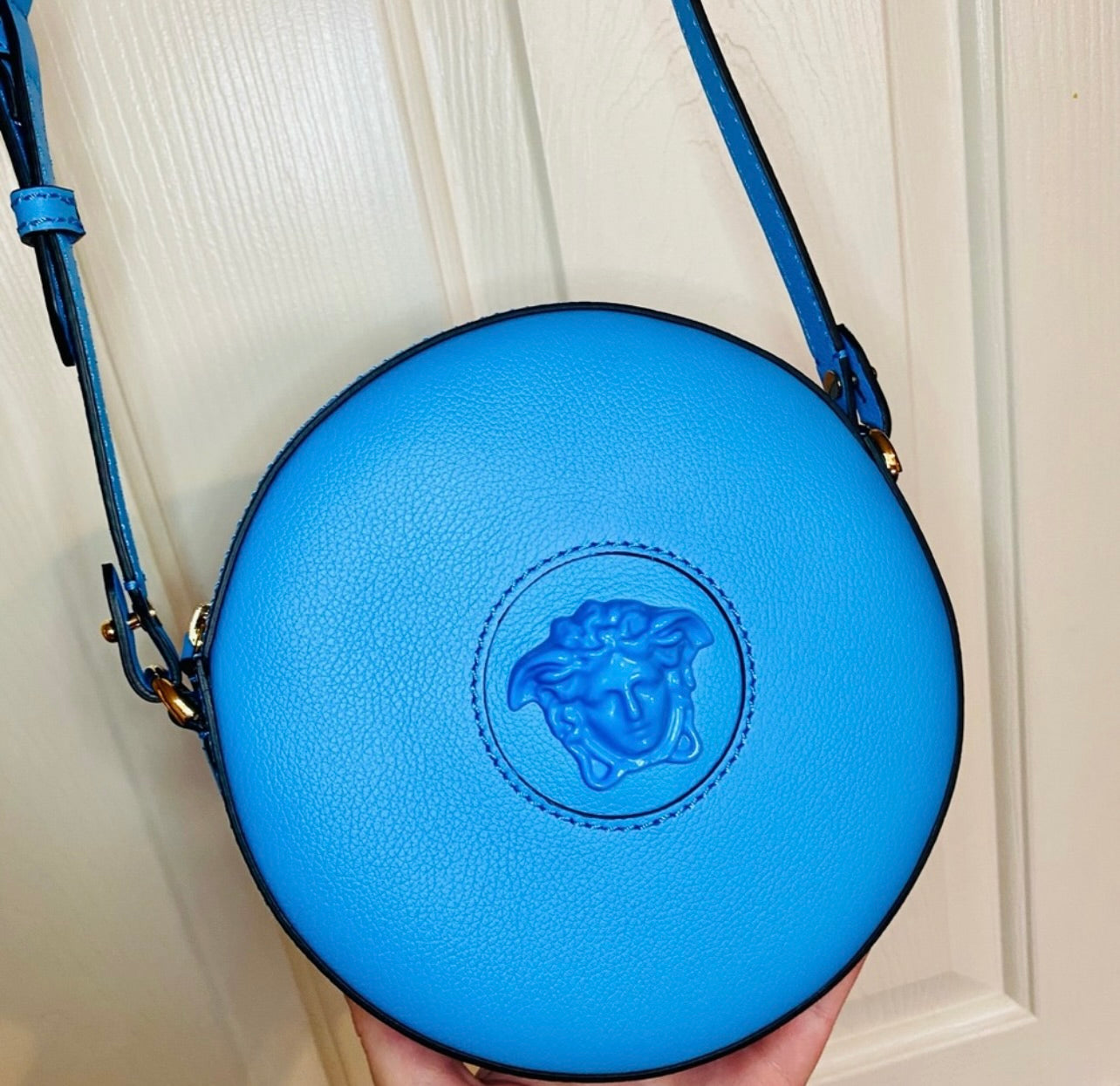 New Versace La Medusa Blue/Cerulean Leather Disco Round Crossbody Bag