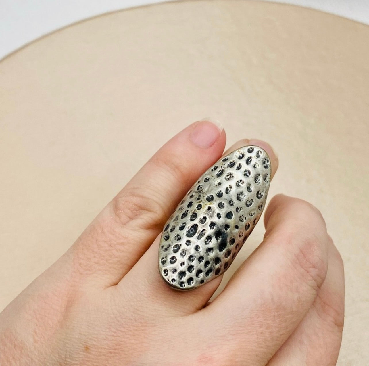 Vintage Handmade Texture Silver Long Armor Boho Statement Ring