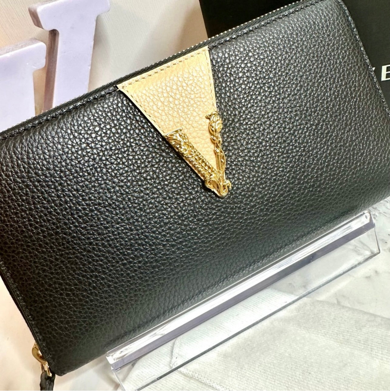New Versace Two-Toned Black & Beige Grainy Calf Leather Virtus Continental Zip Around Wallet