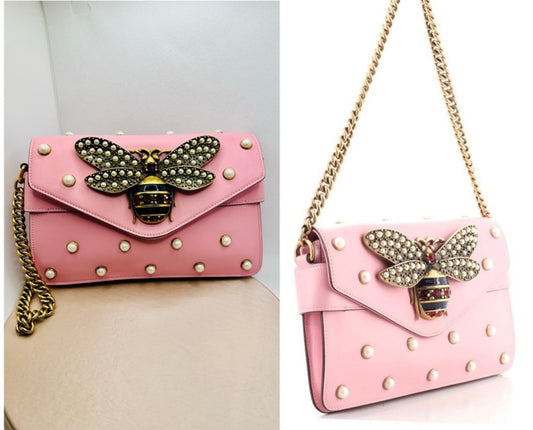 Gucci Sugar Pink Leather Mini Pearl Studded Queen Margaret Broadway Shoulder Bag