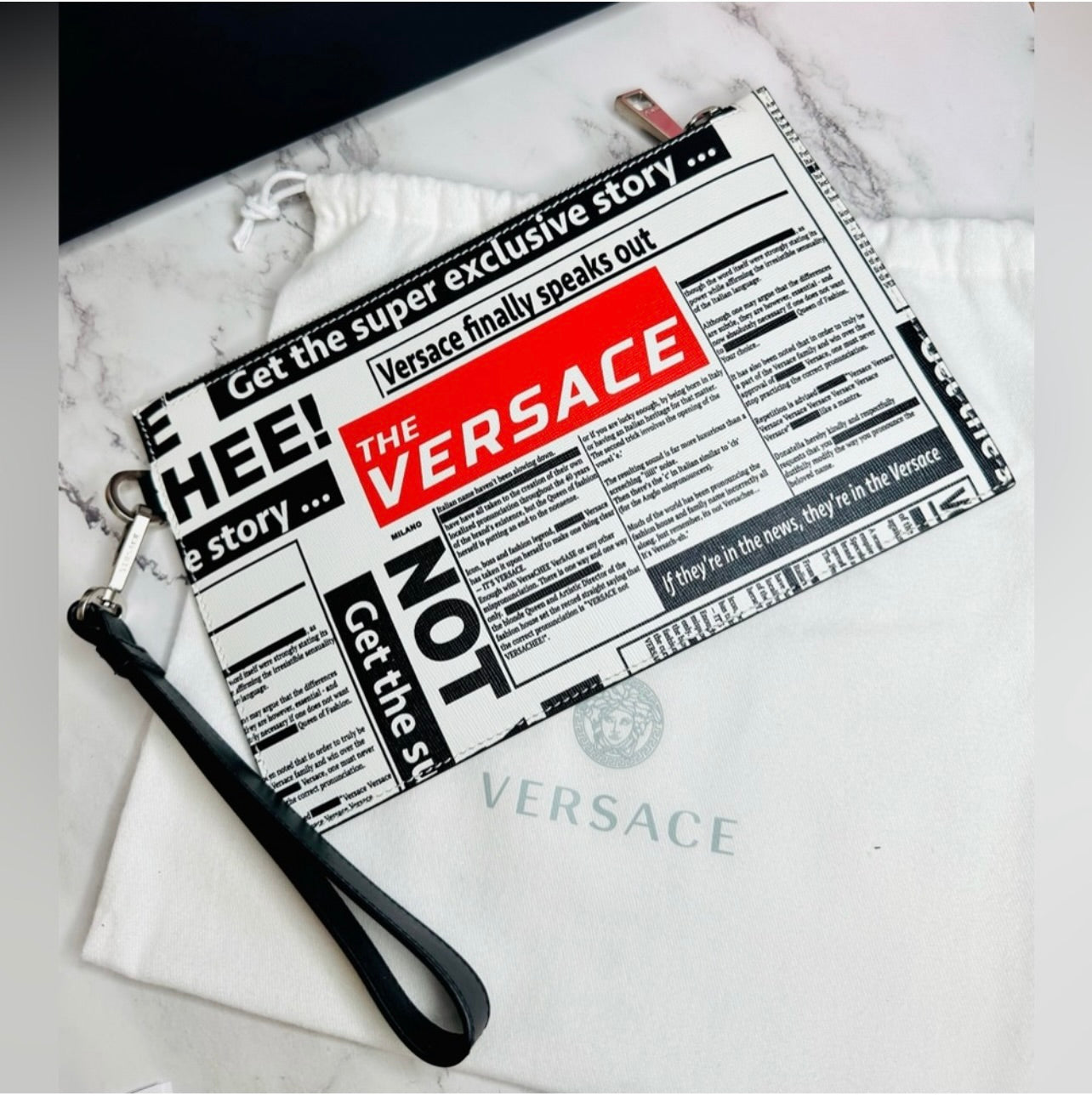Versace Unisex Tabloid Print Saffiano Leather Wristlet Pouch Bag