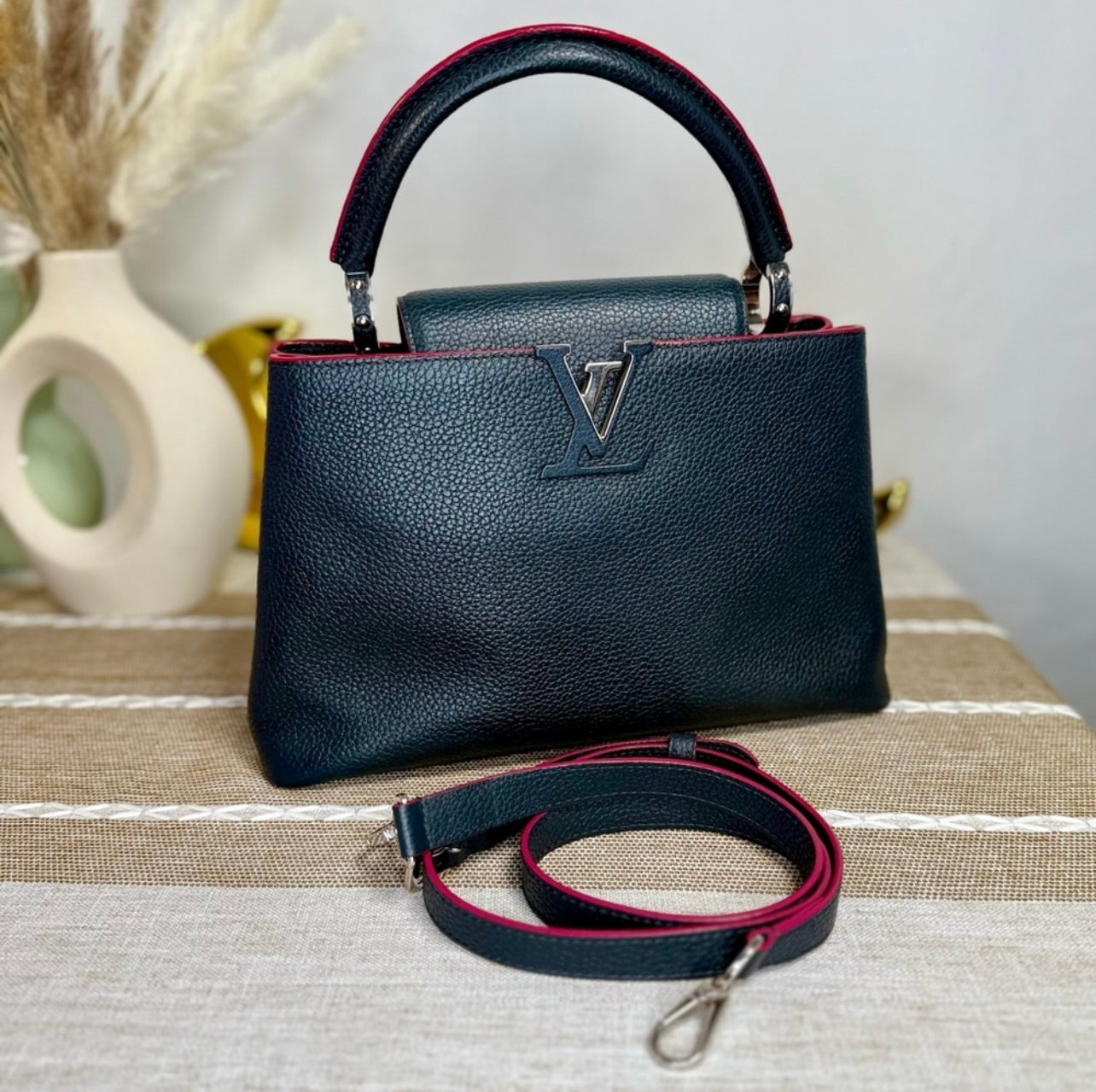 Louis Vuitton Cobalt Blue Taurillon Leather Capucines MM Bag w/ Fuchsia Trim