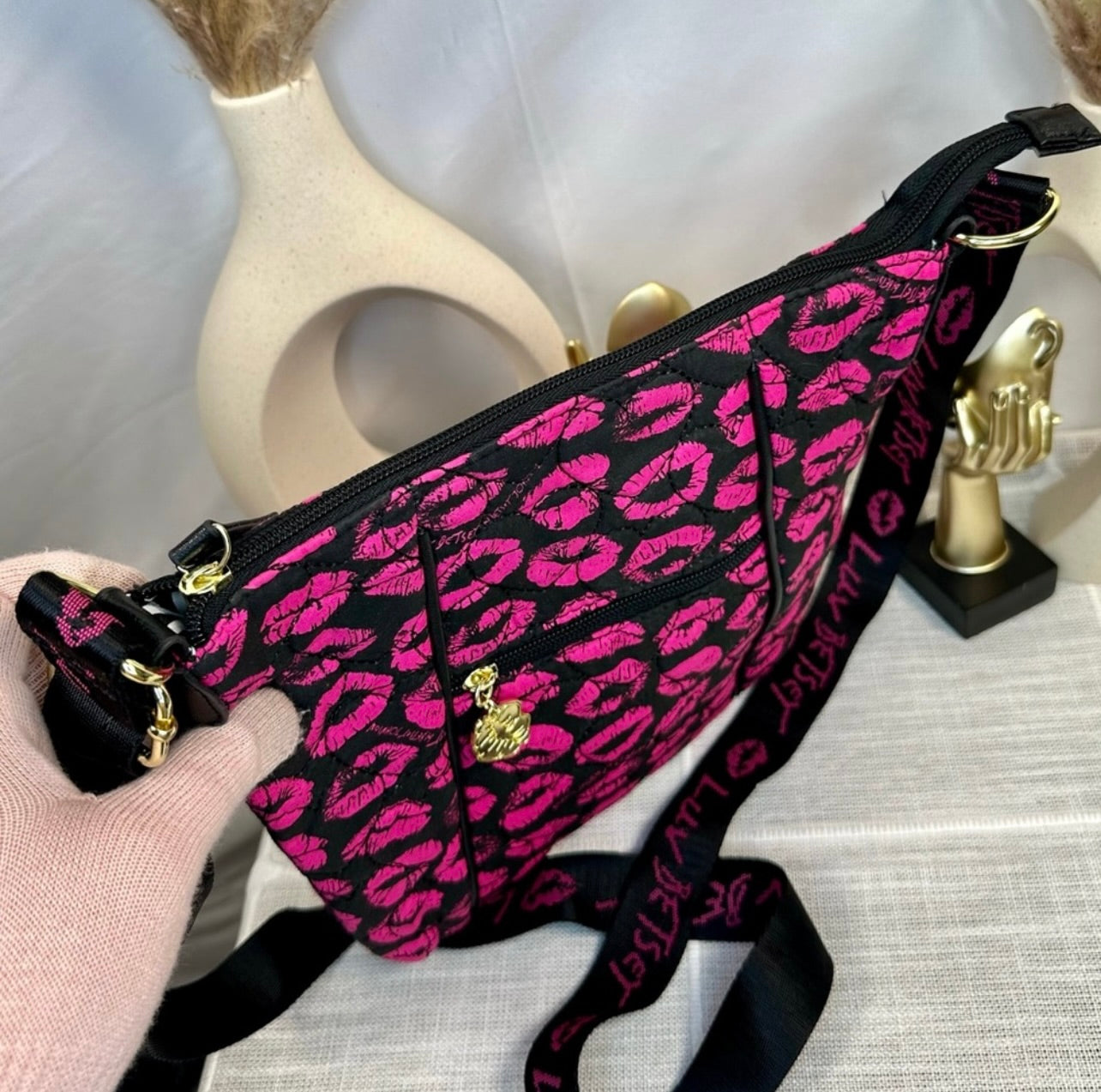 LUV by Betsey Johnson Black w/ Hot Pink Lips Pattern Crossbody Bag