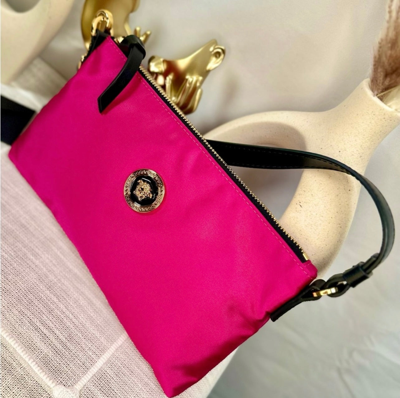 New Versace Hot Pink Flamingo Satin Nylon Pouchette Bag