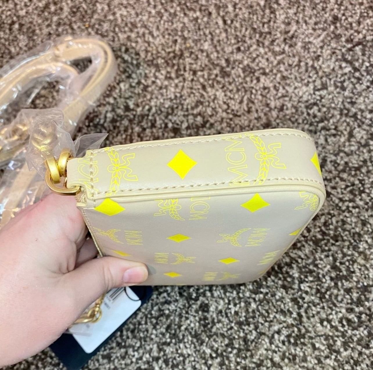New MCM Croissant Yellow Mini Color Splash Logo Shoulder Bag