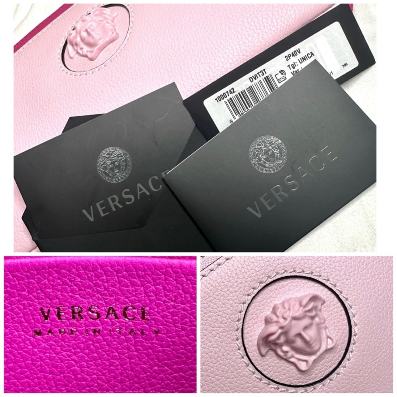 New Versace Double Zip La Medusa Pink Italian Leather Wristlet Pouch