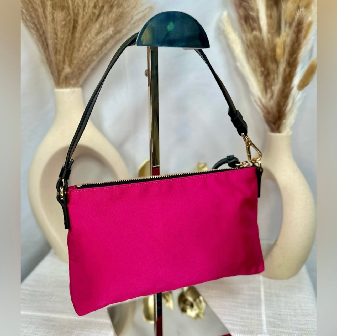 New Versace Hot Pink Flamingo Satin Nylon Pouchette Bag